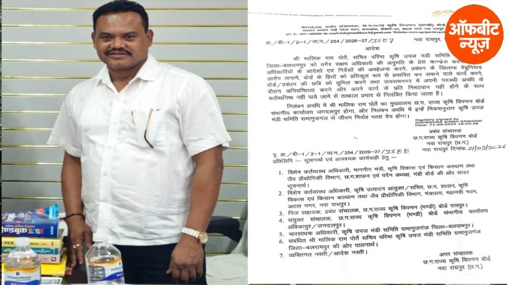 रामानुजगंज मंडी सचिव मालिक राम पोर्ते निलंबित, प्रेस कॉन्फ्रेंस समेत कई मामलों में कार्रवाई